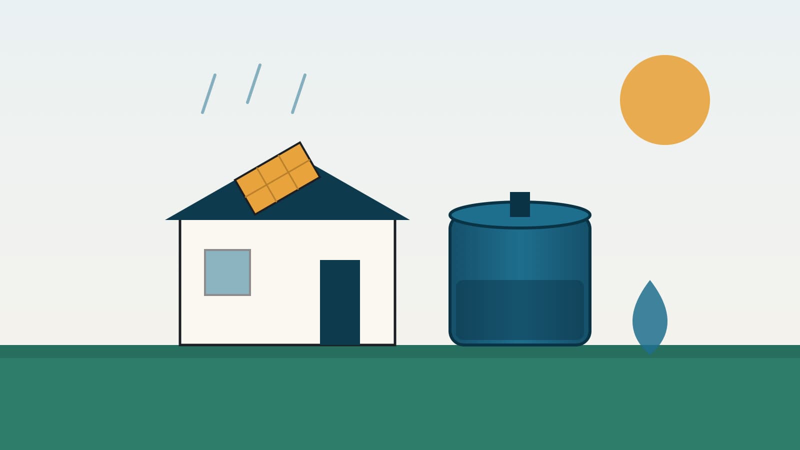 Illustration of a Hawaiʻi home with rooftop solar and a rainwater catchment tank