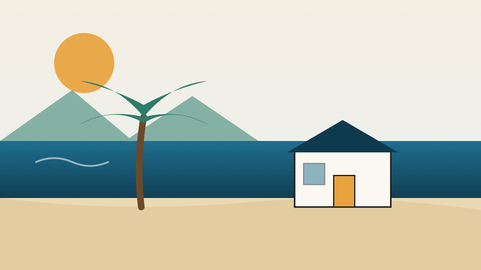 Illustration of a coastal Kauaʻi vacation cottage with a palm, ocean, and ridgeline